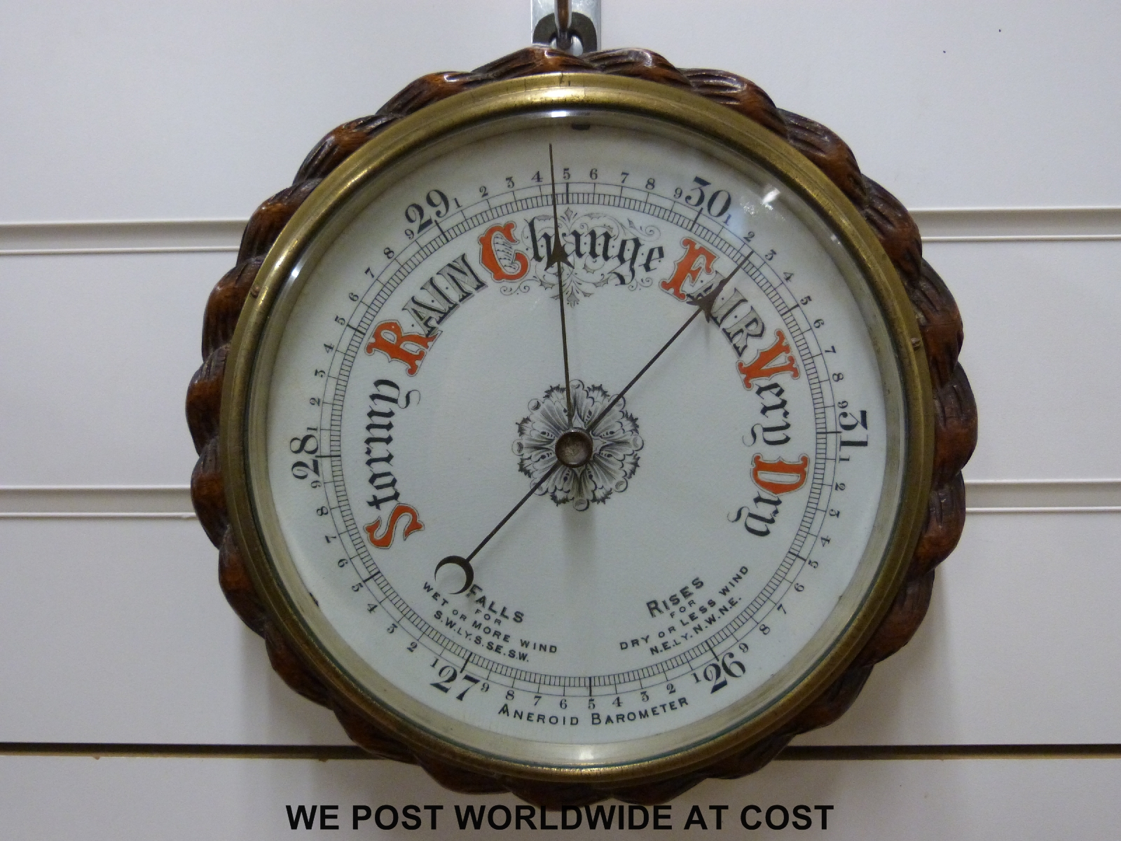 A brass and wooden cased aneroid barometer (20cm diameter dial) - Image 2 of 2