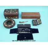 A quantity of collectables to include Eastern inlaid boxes, a razor set, a drawing set,