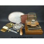A collection of cased plated cutlery, desk tidy and inkwell,