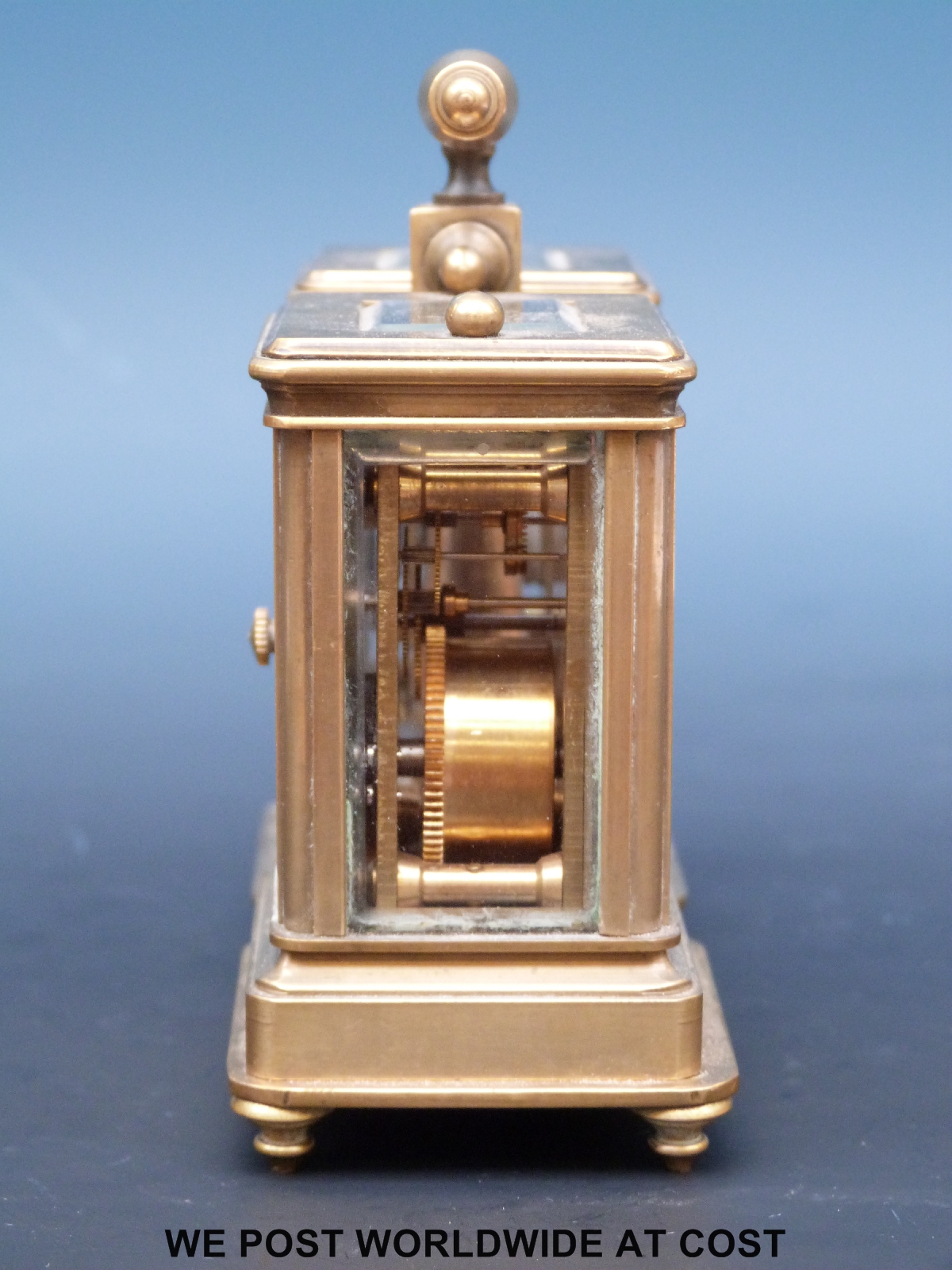 A brass cased miniature carriage clock and barometer compendium with enamelled dials, - Image 4 of 5