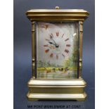 A late 19thC repeating carriage clock with hand-painted dial and sides behind bevelled glass