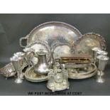 A large collection of plated ware including Elkington & Co teapot, a large Mappin & Webb oval tray,