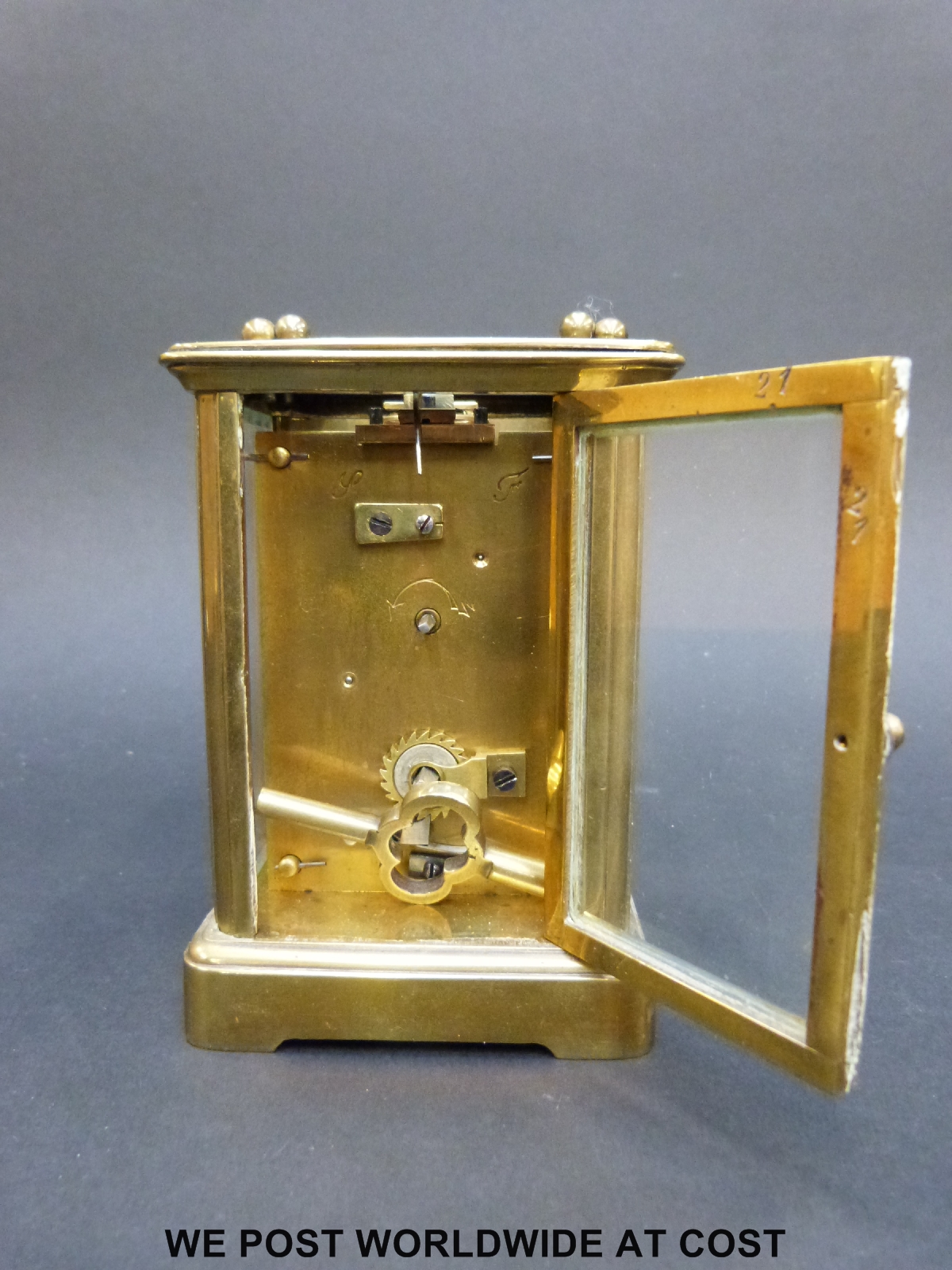 A late 19th/early 20thC brass cased carriage clock with ivory coloured enamel chapter ring, - Image 6 of 7