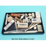 A large collection of bone and ivory sewing related items, trinket boxes,