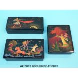 Three signed Russian lacquer boxes (largest W16cm)