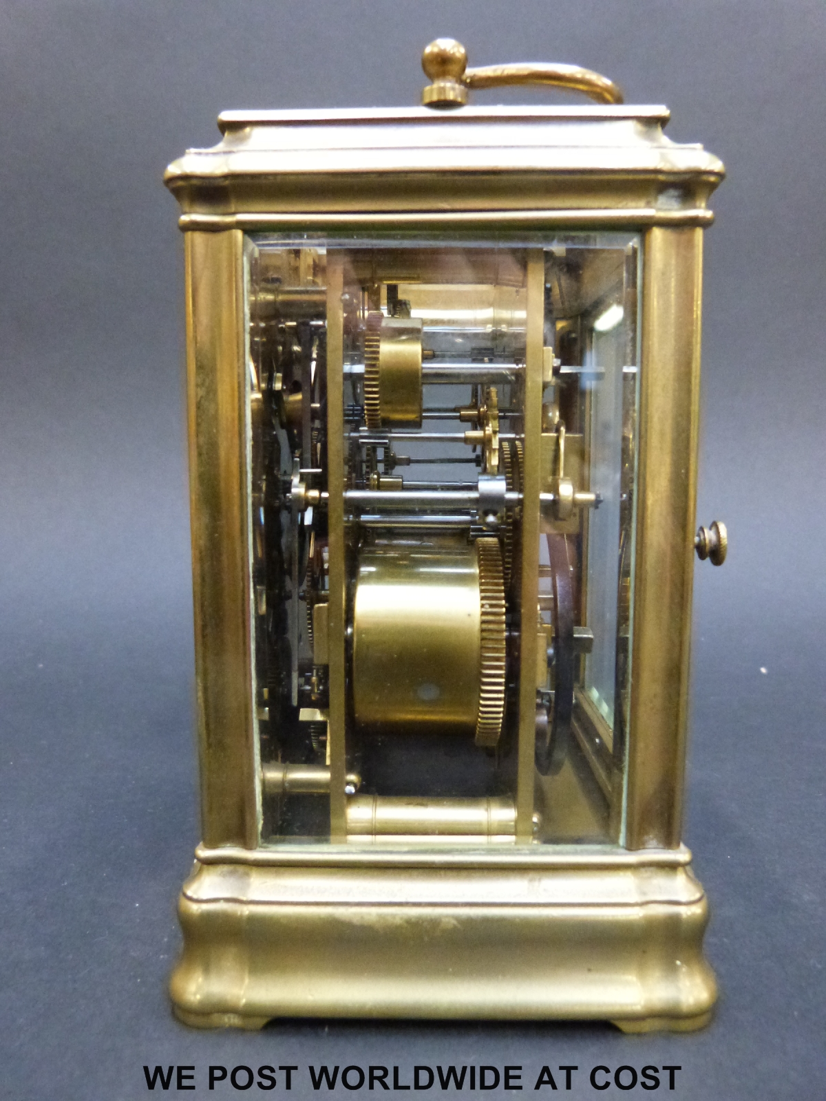 A late 19th / early 20th century brass carriage clock with repeat hourly mechanism striking on a - Image 5 of 7