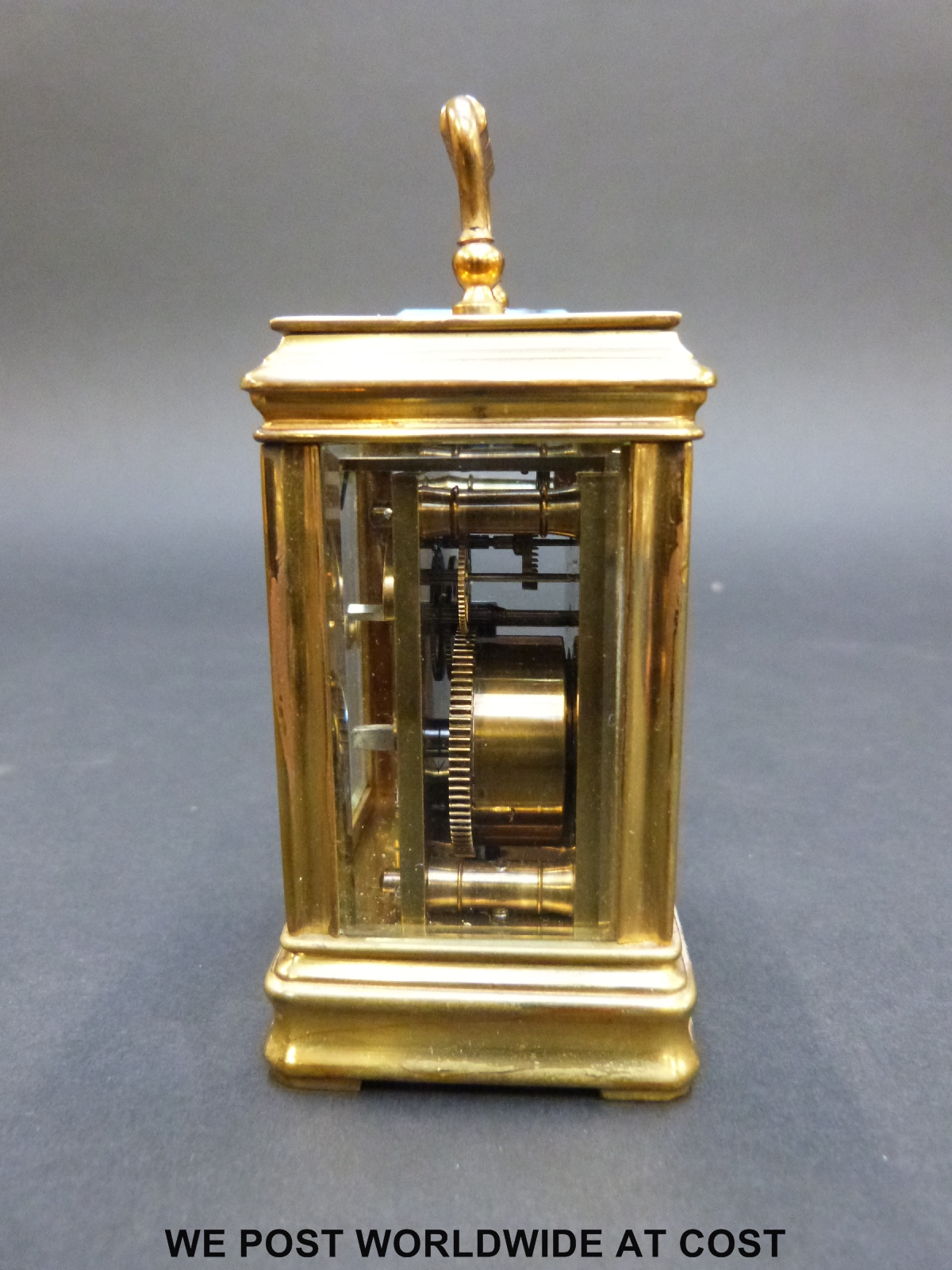 A brass cased miniature carriage clock in corniche style case with inset circular decorated - Image 4 of 9