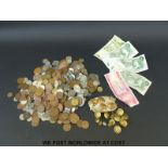 A quantity of sundry UK and overseas coinage, bank notes,