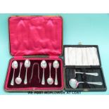A cased set of hallmarked silver teaspoons and sugar nips and a cased silver pusher and spoon set