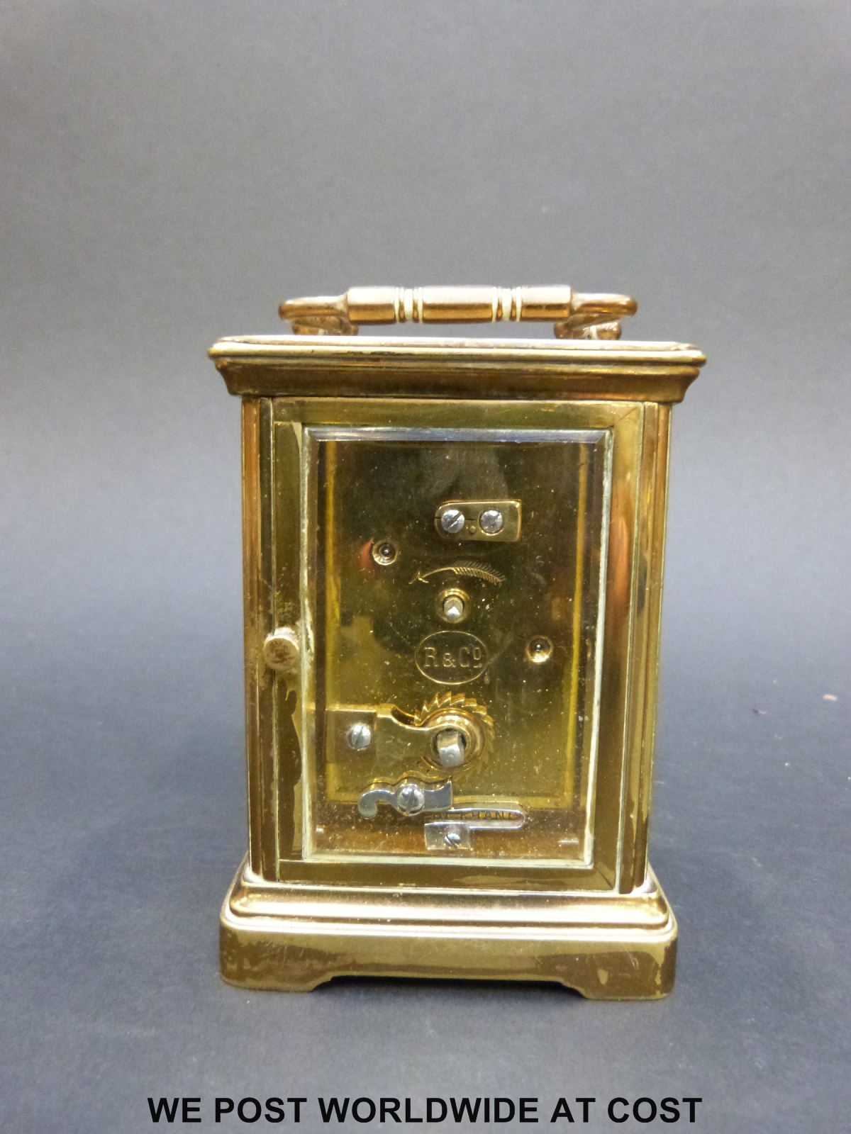 French brass carriage clock, late 19th / early 20th Century, movement back plate stamped R & Co. - Image 3 of 5