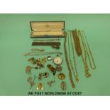 A collection of costume jewellery to include white metal earrings, pocket watch, Siam jewellery,