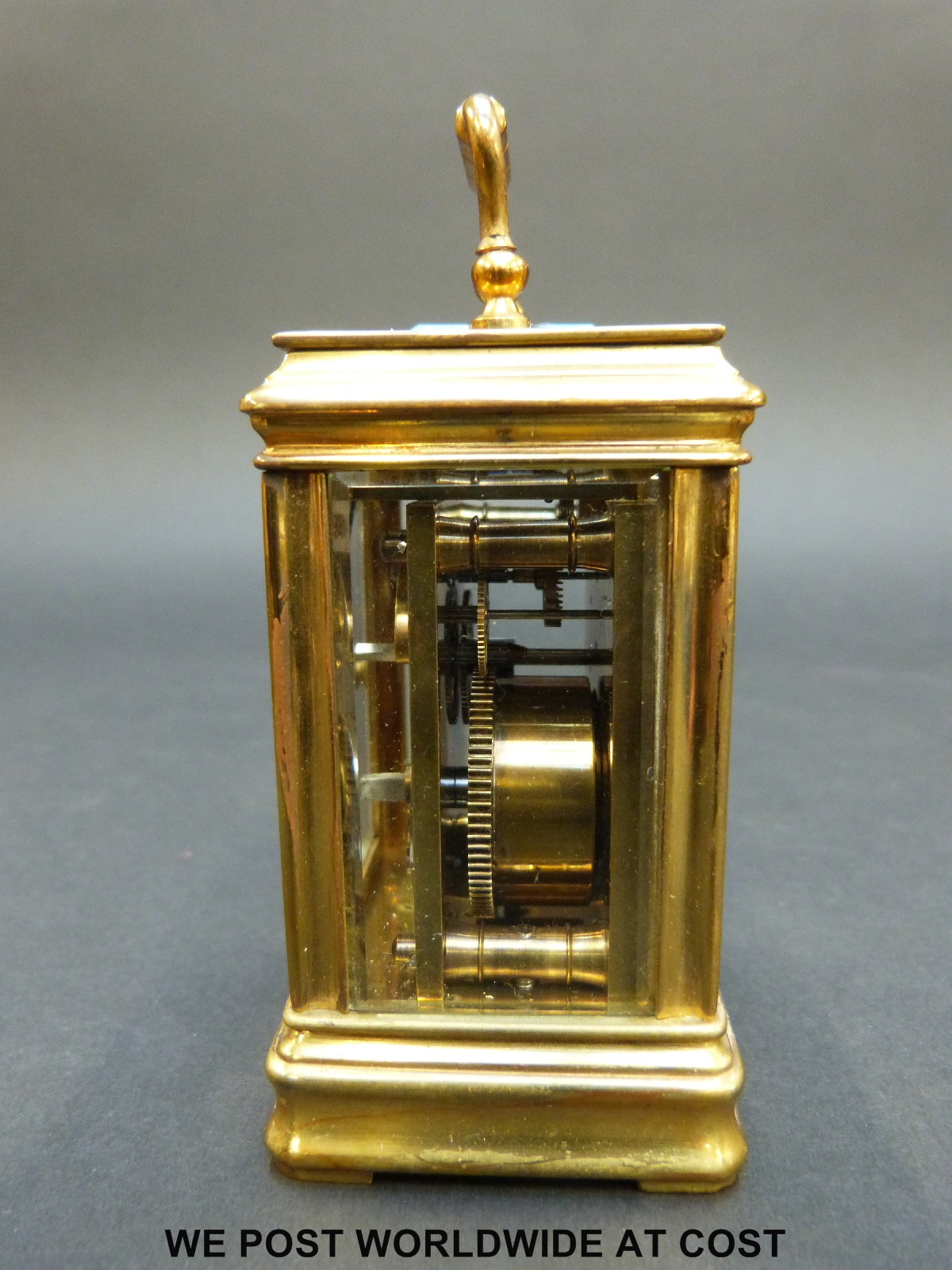 A brass cased miniature carriage clock in corniche style case with inset circular decorated - Image 3 of 9
