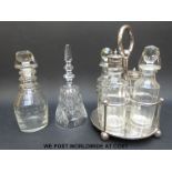 A Walker & Hall four bottle cruet together with a Regency glass decanter and a glass bell