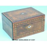 A Victorian burr walnut and Tunbridge ware inlaid work box with fitted interior (W28xD20xH14cm)