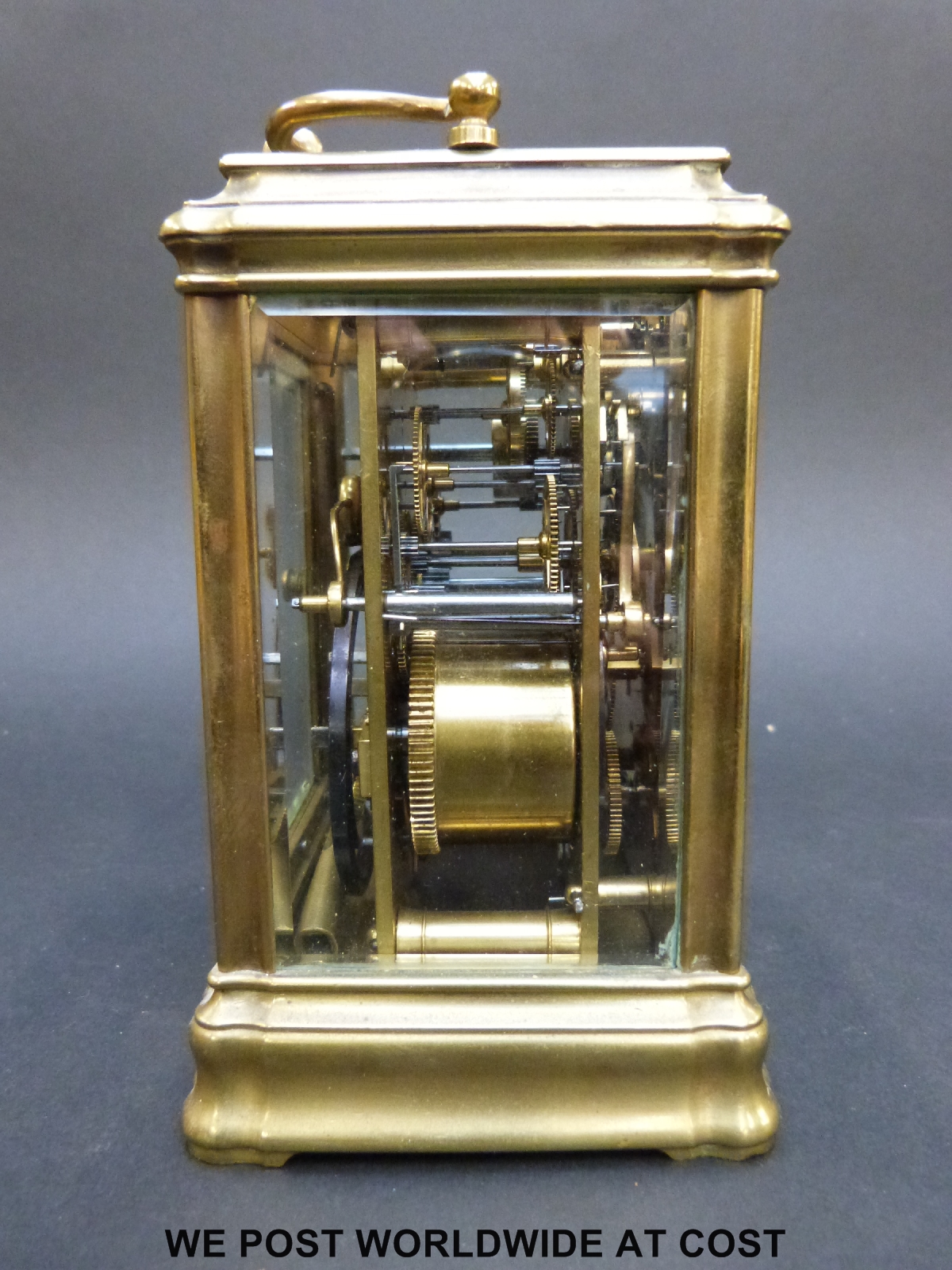 A late 19th / early 20th century brass carriage clock with repeat hourly mechanism striking on a - Image 3 of 7