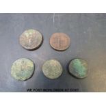 Five Roman bronze coins (largest 30mm) includes Nero and Hadrian