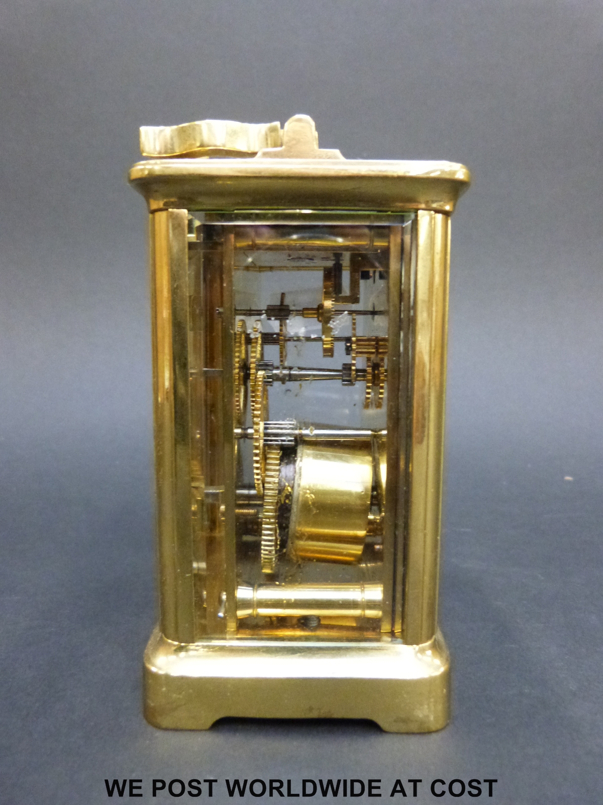 A brass carriage clock in corniche style case, with white enamelled dial, - Image 2 of 7