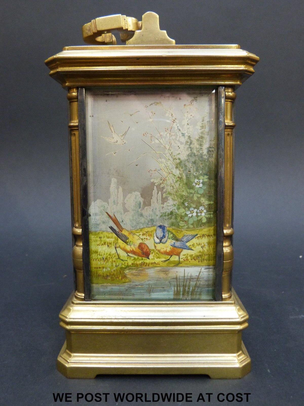 A late 19thC repeating carriage clock with hand-painted dial and sides behind bevelled glass - Image 2 of 6