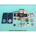 A quantity of medals and badges to include enamel, Hatcham School,