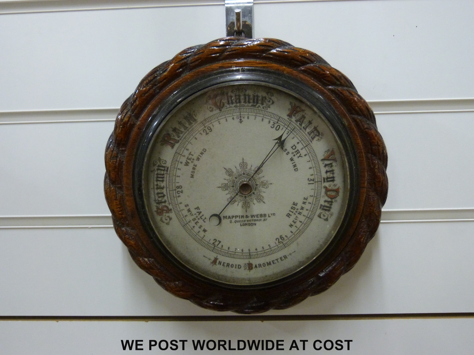 A Mappin & Webb carved oak cased circular aneroid barometer (16cm diameter dial) - Image 2 of 2