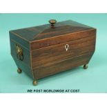 A 19thC rosewood two division tea caddy raised on brass ball feet (W22xD12.5xH15.