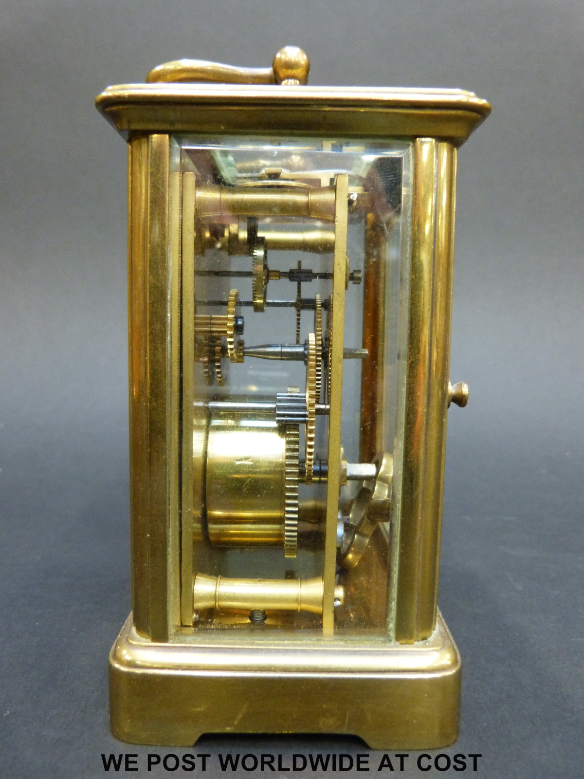 A late 19th/early 20thC brass cased carriage clock with ivory coloured enamel chapter ring, - Image 5 of 7