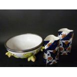 A possibly Moore Brothers majolica bowl together with two Crown Derby heart jugs