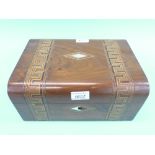 A walnut parquetry inlaid work box with lift out tray (W30xD23xH14cm) together with contents