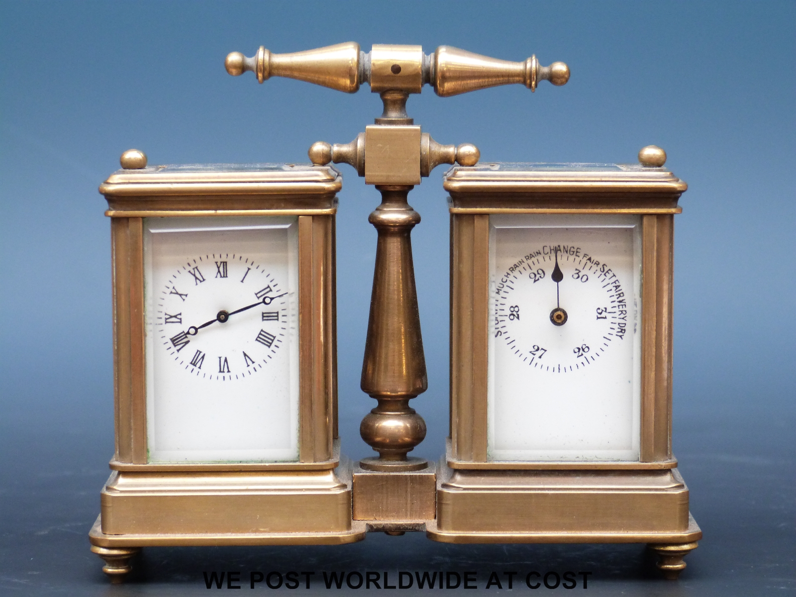 A brass cased miniature carriage clock and barometer compendium with enamelled dials, - Image 2 of 5