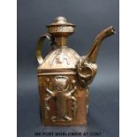 A 19thC embossed Indian copper kettle decorated with gods to each panel,