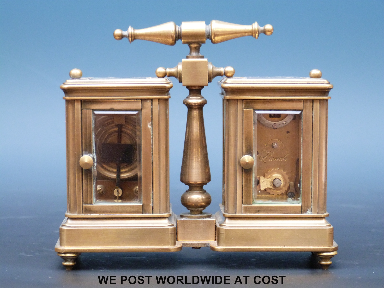 A brass cased miniature carriage clock and barometer compendium with enamelled dials, - Image 3 of 5