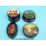 Four Russian hand-decorated circular and oval lacquer boxes,