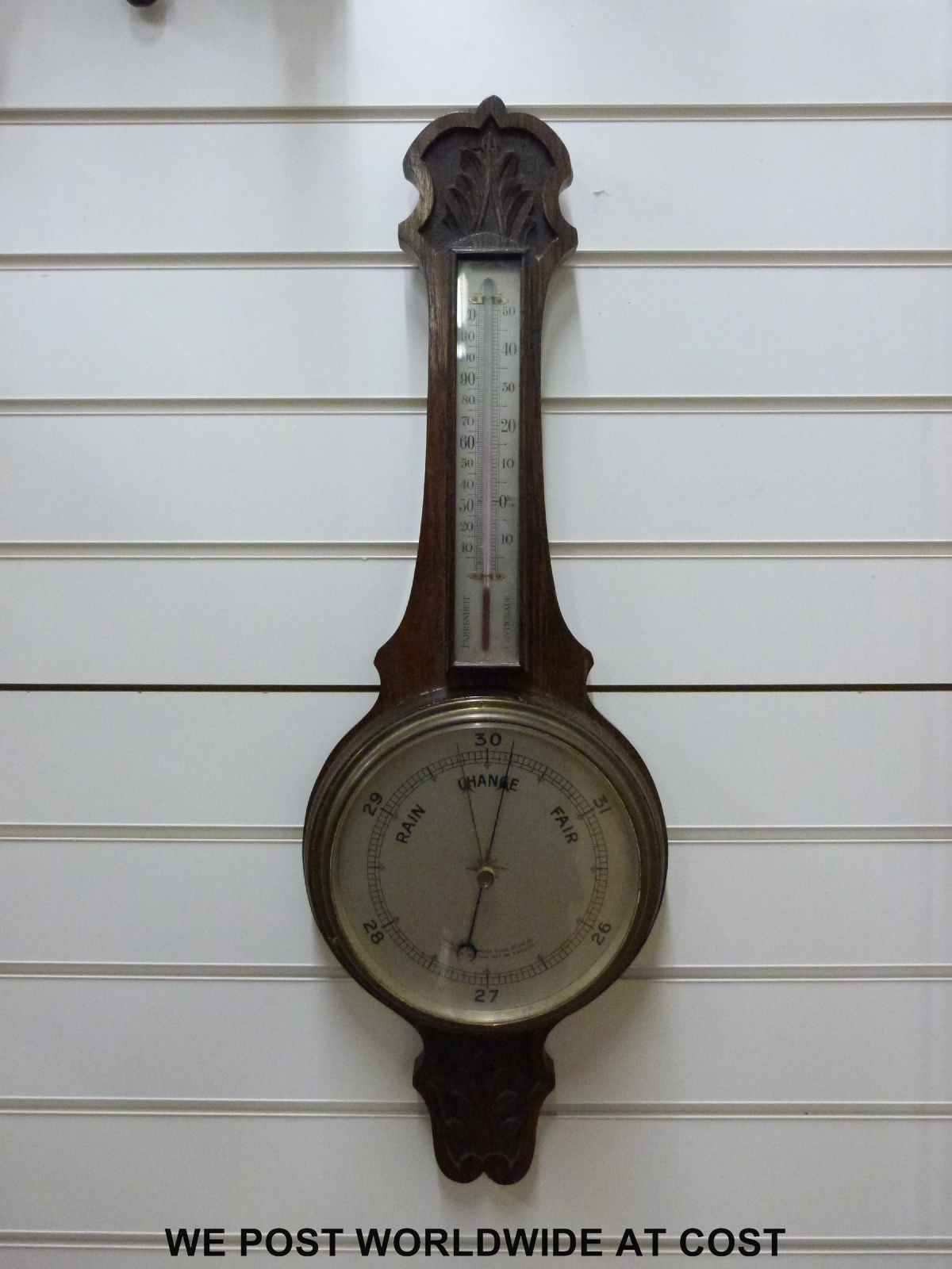 An early 20thC oak cased banjo barometer with carved decoration and thermometer, - Image 2 of 4