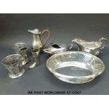 A quantity of silver plate to include a pair of Art Nouveau/Arts & Crafts beakers