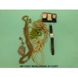 A quantity of costume jewellery including necklaces, Cross watch, jewellery boxes, quartz necklace,
