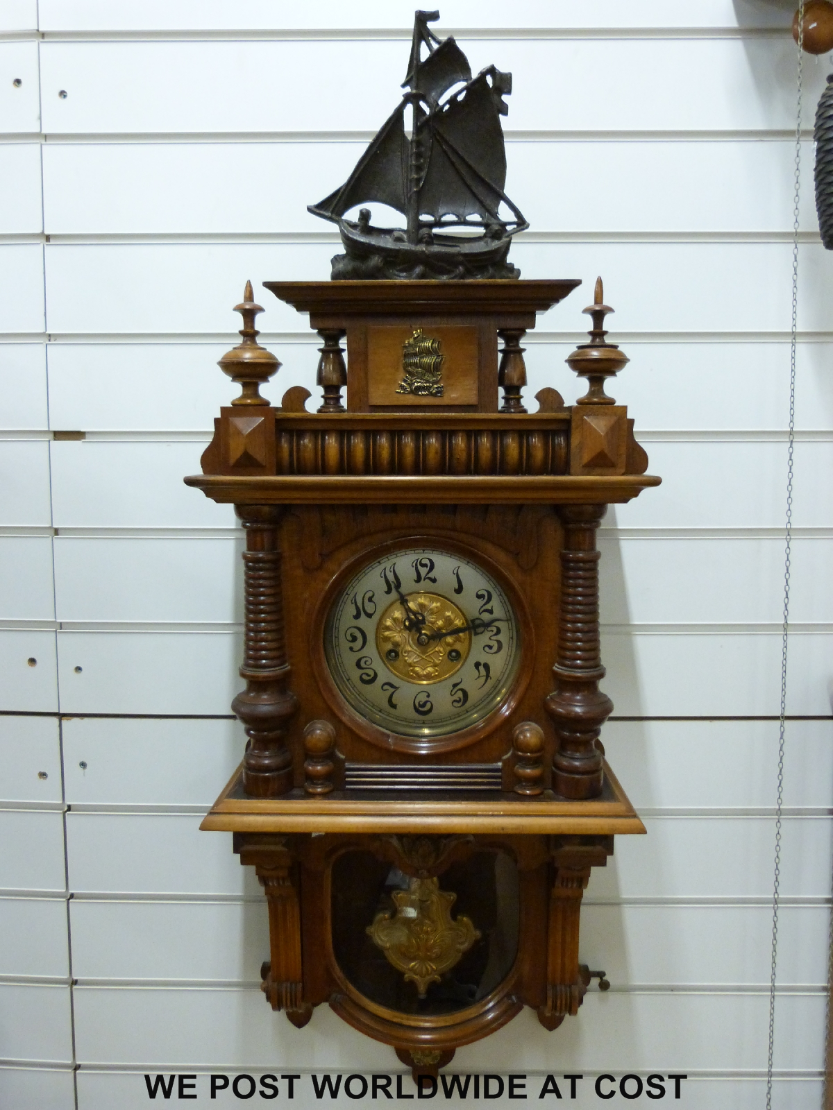 A German wall clock with carved decoration to case, sailing ship finial, - Image 2 of 5