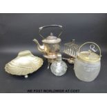 An Asprey of London heated toast rack together with a plated spirit kettle,