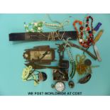 A quantity of costume jewellery, pocket watch, hat pins, WWI trench art, glass beads,