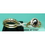 Two 9ct gold rings, one set with a sapphire and diamonds,