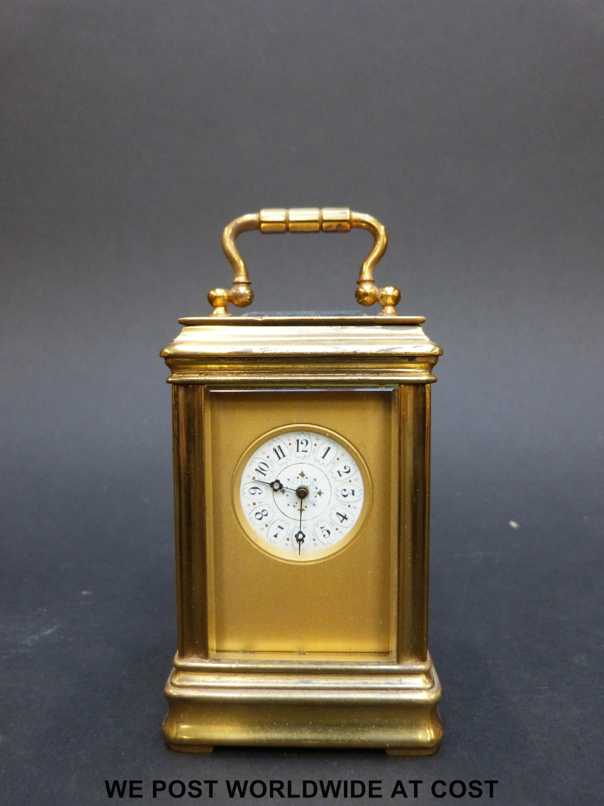 A brass cased miniature carriage clock in corniche style case with inset circular decorated - Image 2 of 9