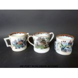 Three twin-handled cider mugs decorated with Japanese scenes