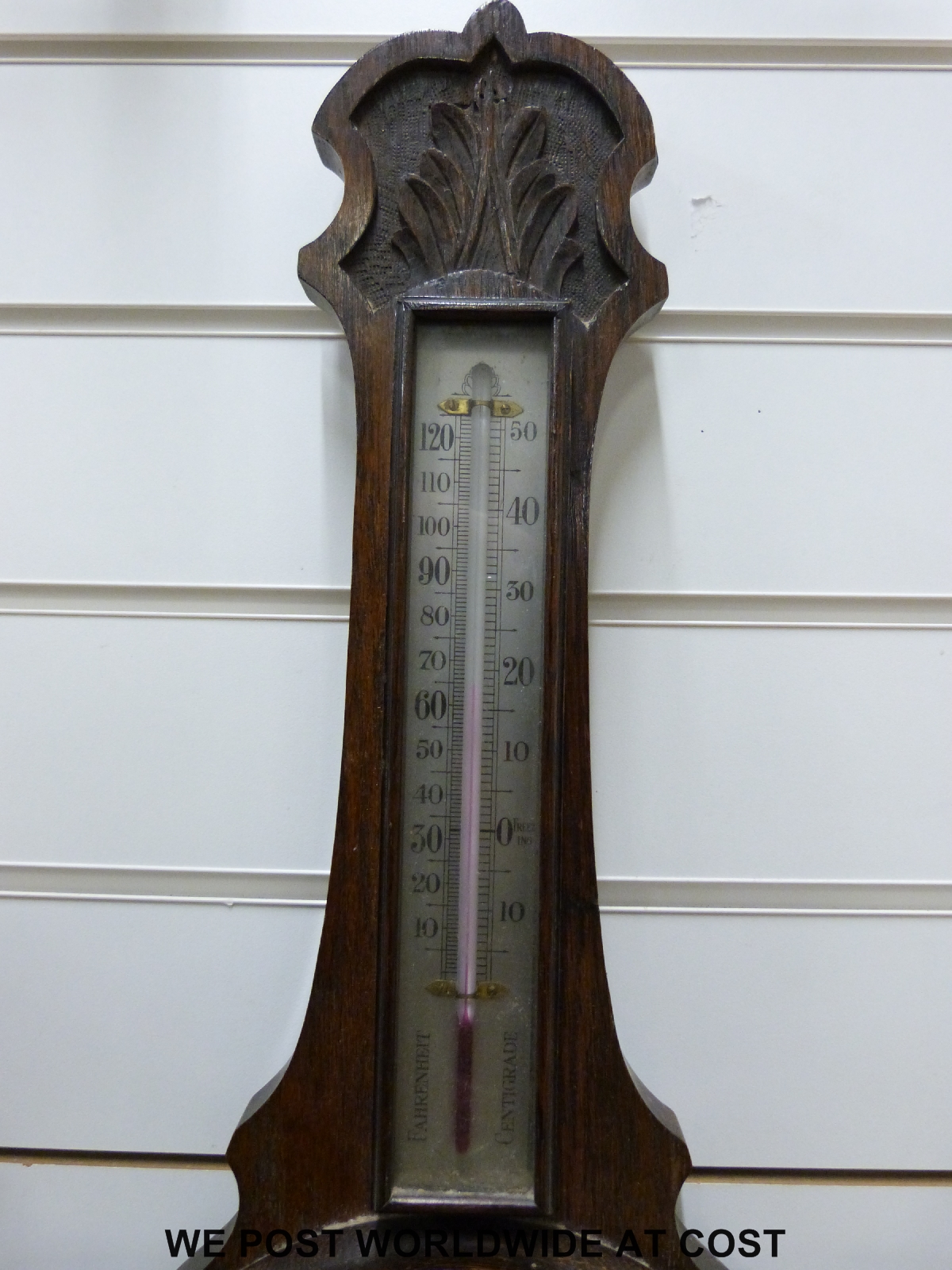 An early 20thC oak cased banjo barometer with carved decoration and thermometer, - Image 4 of 4