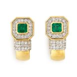 Pair of emerald and diamond half-hoop earrings