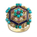 Turquoise, ruby and enamel dress ring