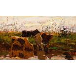 Adriaan Hendrik Boshoff Cattle Watering signed oil on canvas laid down on board 35,5 by 59cm