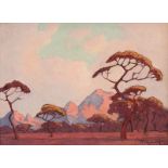 Jacob Hendrik Pierneef Landscape with Acacias signed oil on board 22 by 29cm