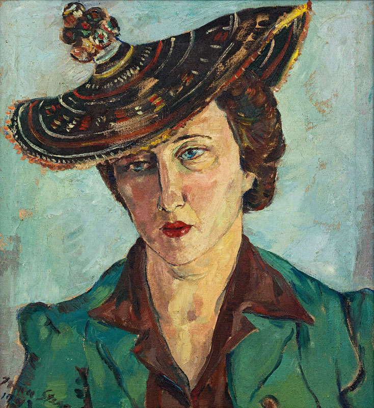 Irma Stern Portrait of Freda Feldman in Basuto Hat signed and dated 1943 oil on canvas,