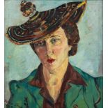 Irma Stern Portrait of Freda Feldman in Basuto Hat signed and dated 1943 oil on canvas,