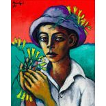 Johannes Petrus Meintjes Boy with Freesias signed and dated 1963; signed on the reverse oil on