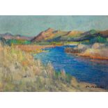 Pieter Hugo NaudÃ© Waterway with Distant Mountains signed oil on card 28 by 19,5cm